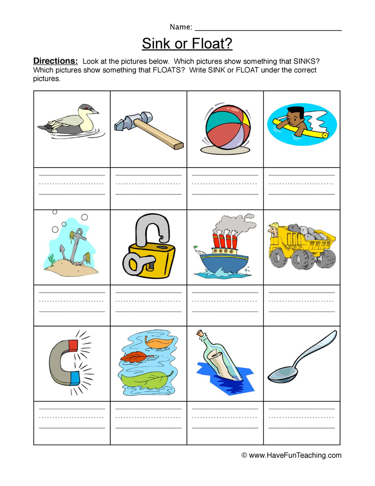 Sink Float Identify Worksheet  