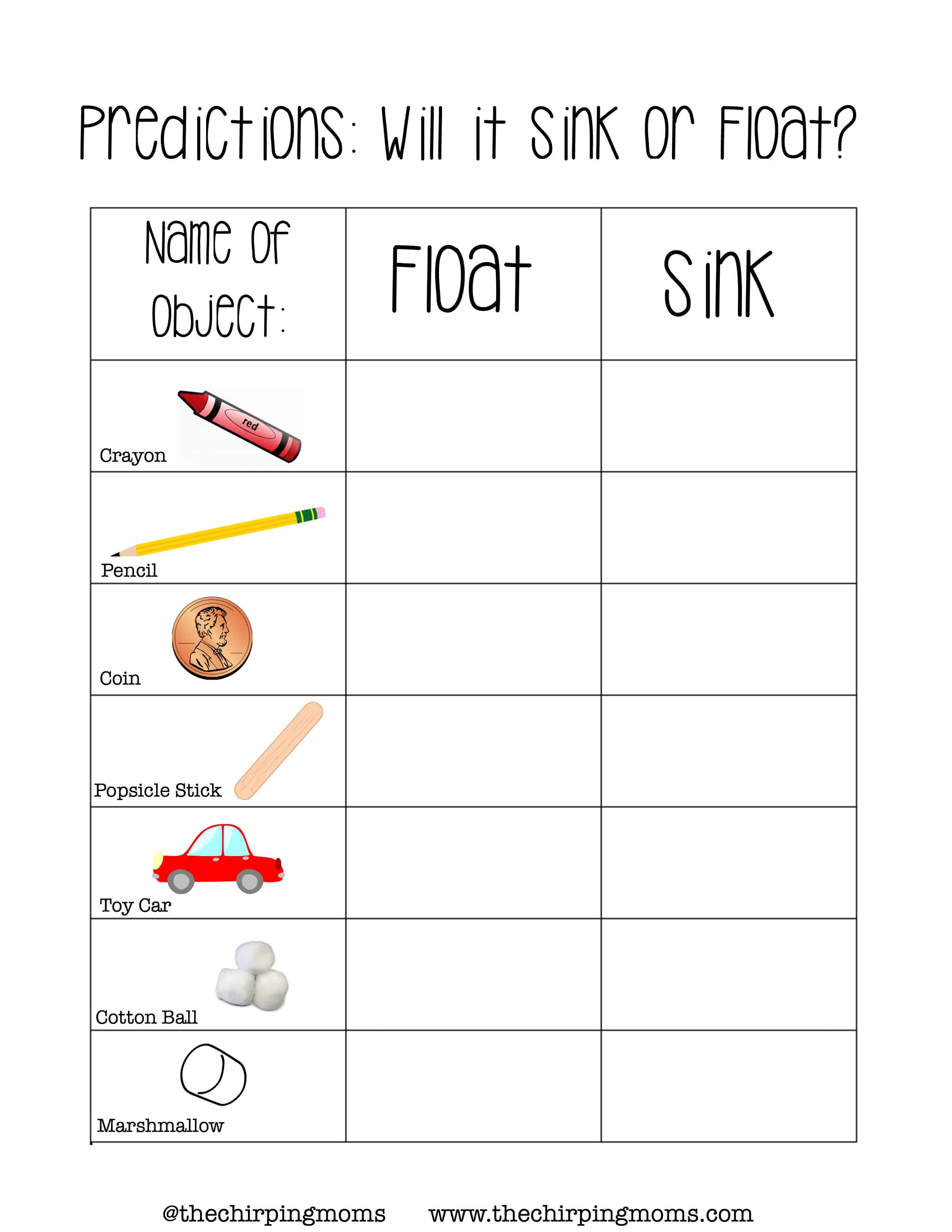Simple Science Will it Sink or Float? The Chirping Moms Worksheets