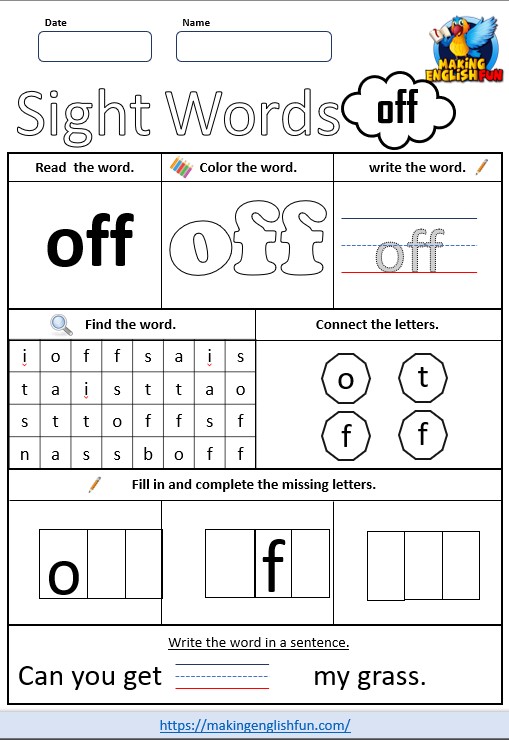 FREE Printable Grade 2 Sight Word Worksheet - “Off”Making English Fun