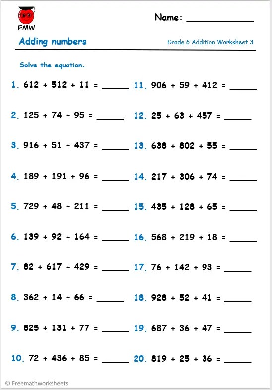 Grade 6 Addition Worksheets | Free Printables | Addition Challenges