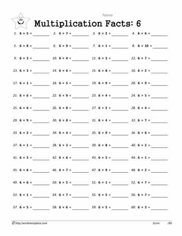 six times table worksheet