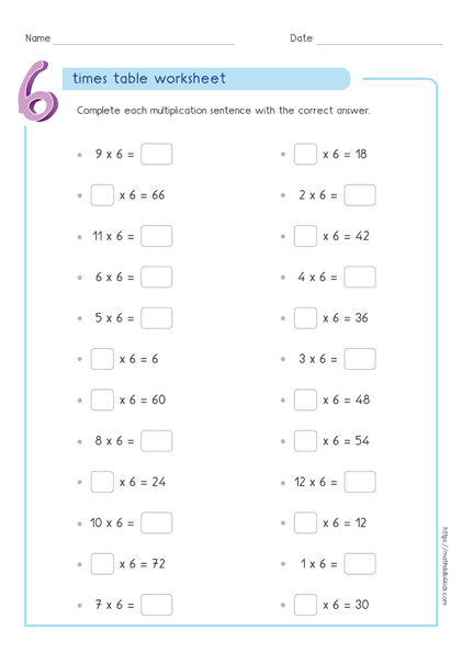 six times tables worksheet