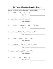 six types of chemical reactions worksheet
