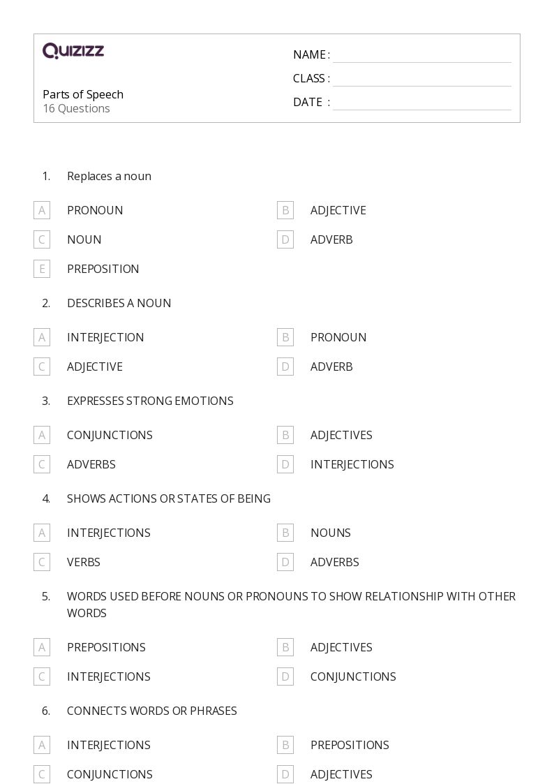 50+ Parts of Speech worksheets for 6th Class on Quizizz | Free ...