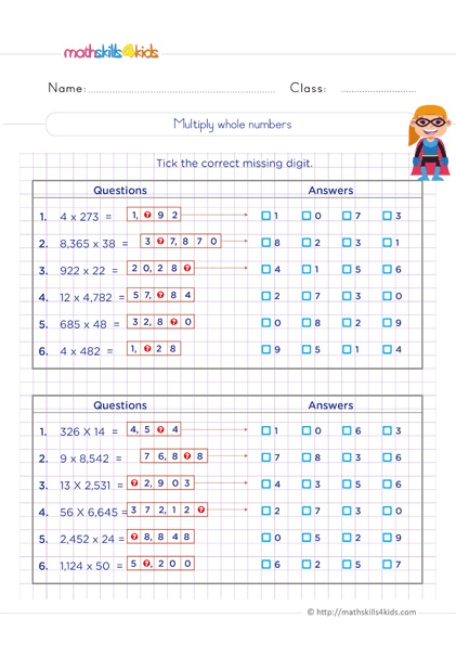 6th Grade math worksheets: Multiplication of whole numbers