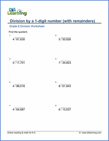 Grade 6 Math Worksheets: Division by 1-digit (with remainder) | Worsheets library...