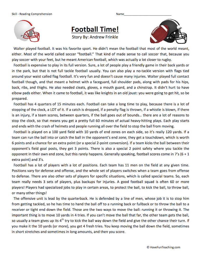 Football Time Reading Comprehension Worksheet  