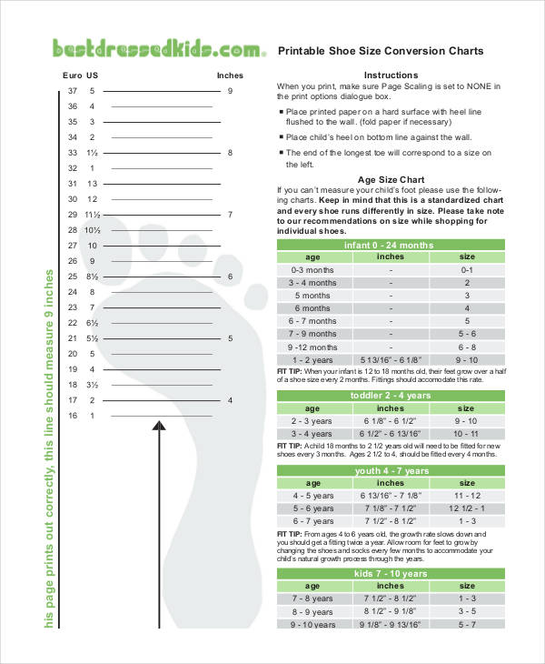 skechers shoe size chart printable