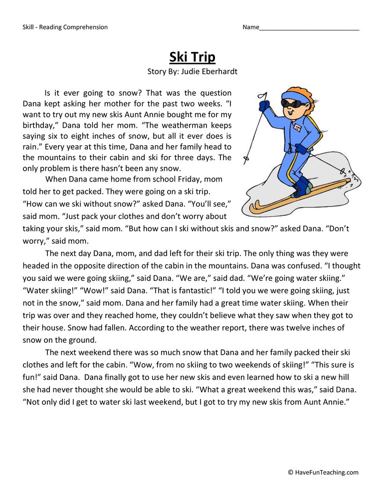 Ski Trip Reading Comprehension Worksheet  