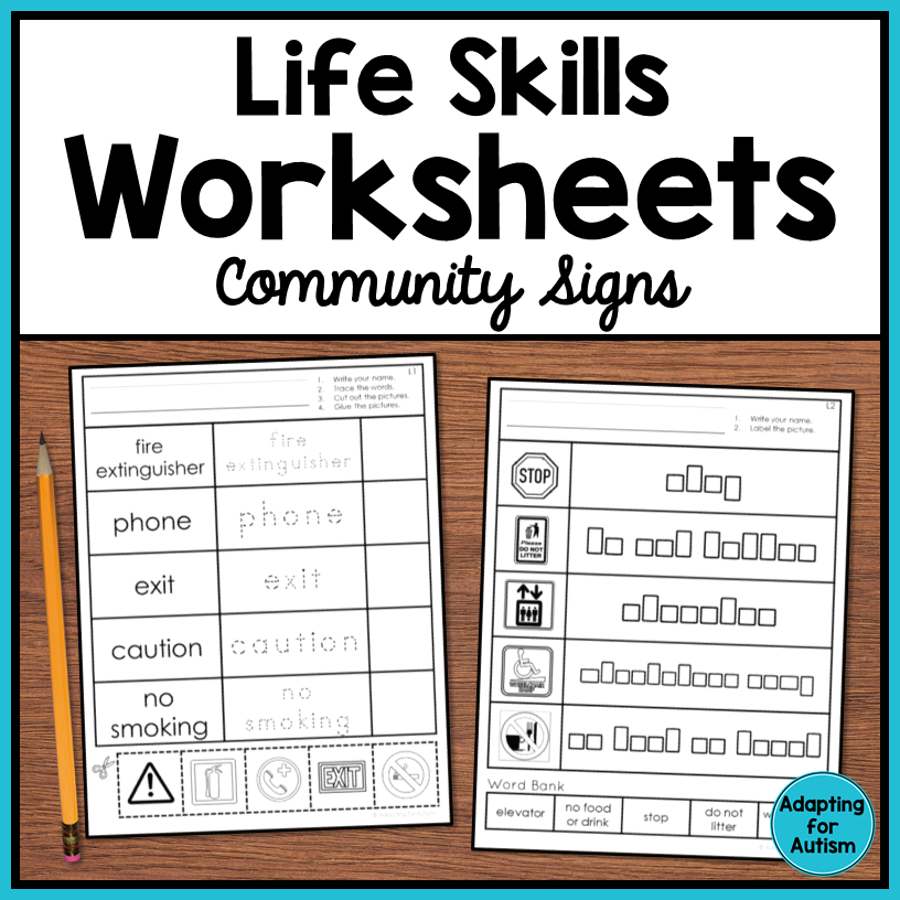Life Skills Worksheets - Community Signs Vocabulary - Autism Work ...