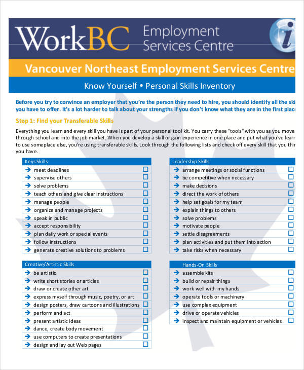 skills inventory worksheet