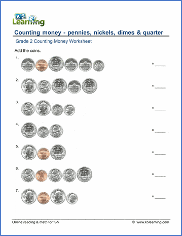 Counting pennies, nickels, dimes &  quarters - up to 6 coins | Worsheets library...