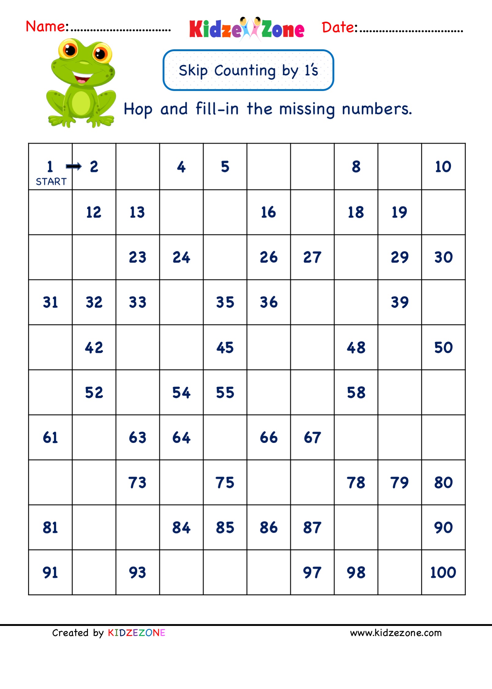 Grade 1 Math Number worksheets - Skip Counting by 1