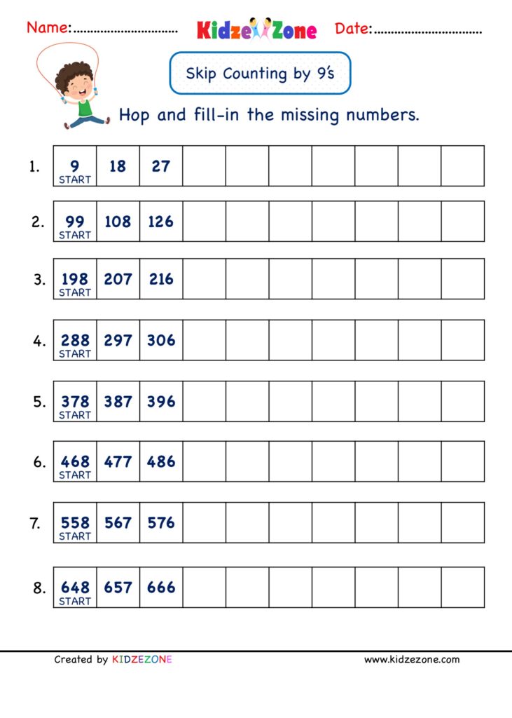 Grade 2 Math Number Practice worksheets - Skip Counting by 9