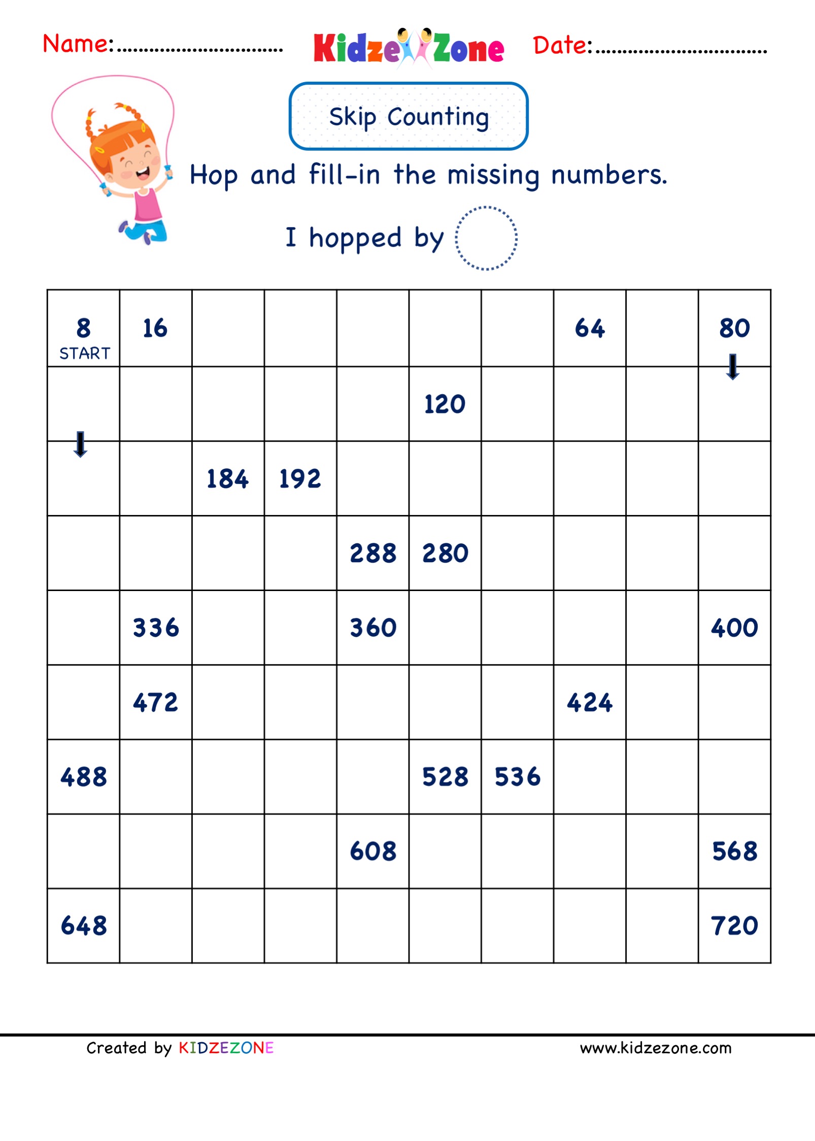 Grade 2 Math Number Practice worksheets - Skip Counting by 8