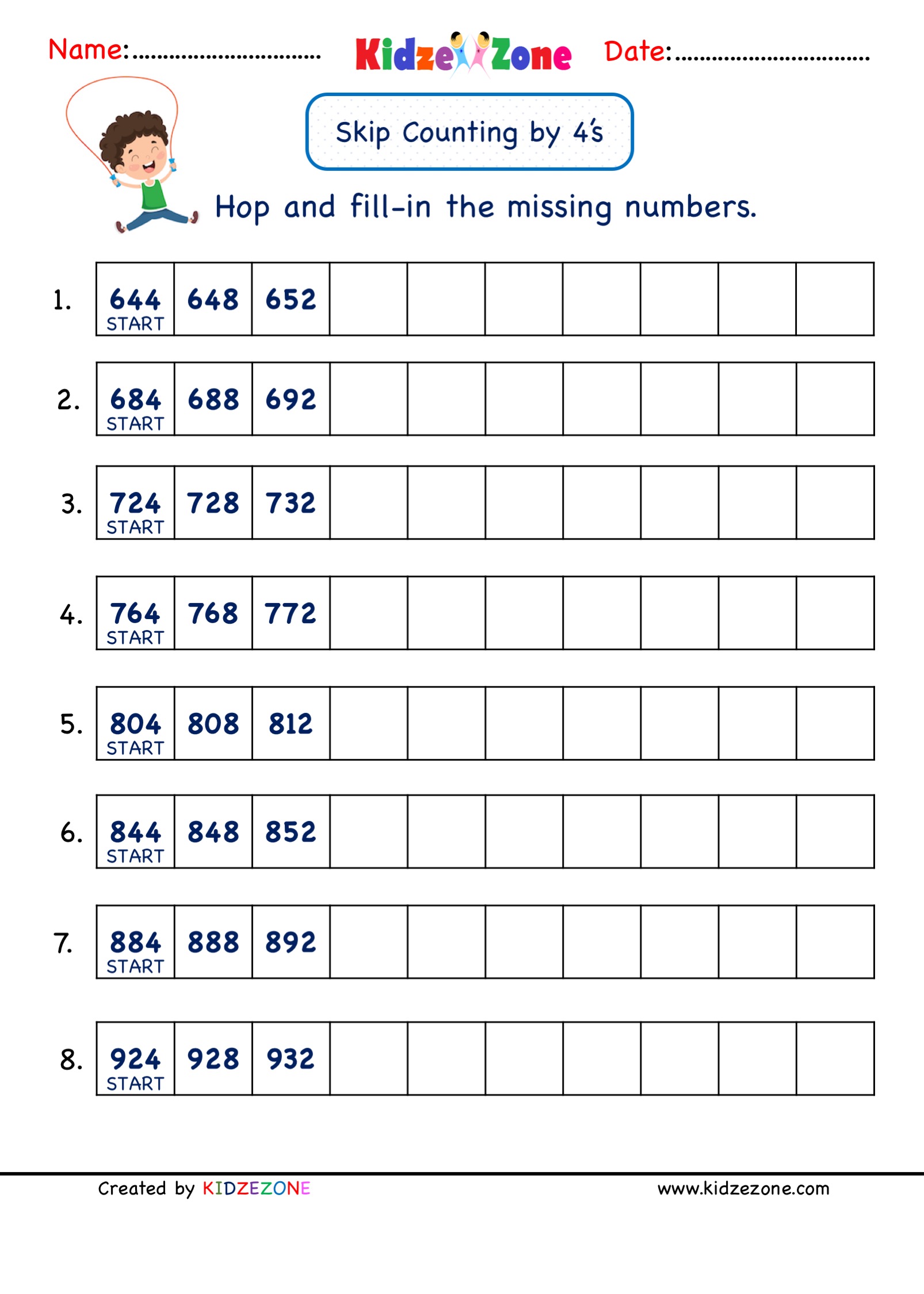 Grade 2 Math Number Practice worksheets - Skip Counting by 4