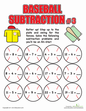 Baseball Subtraction #3 | Worksheet 