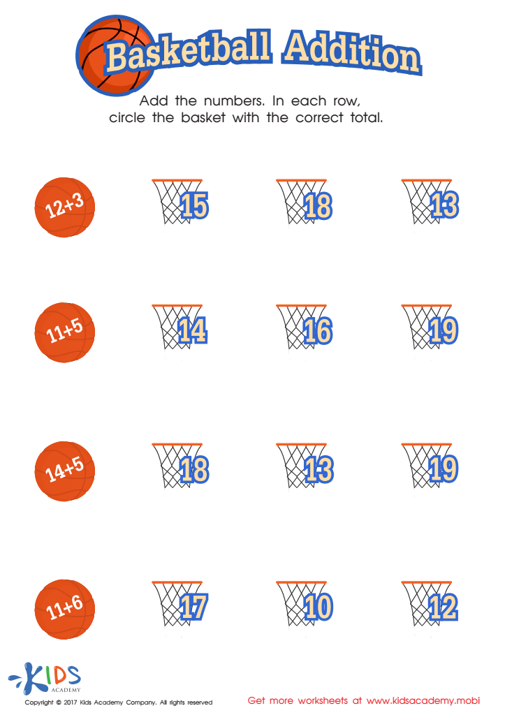 Basketball Addition Worksheet: Free Printable PDF for Children