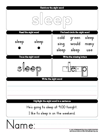 SLEEP Sight Word Worksheet  