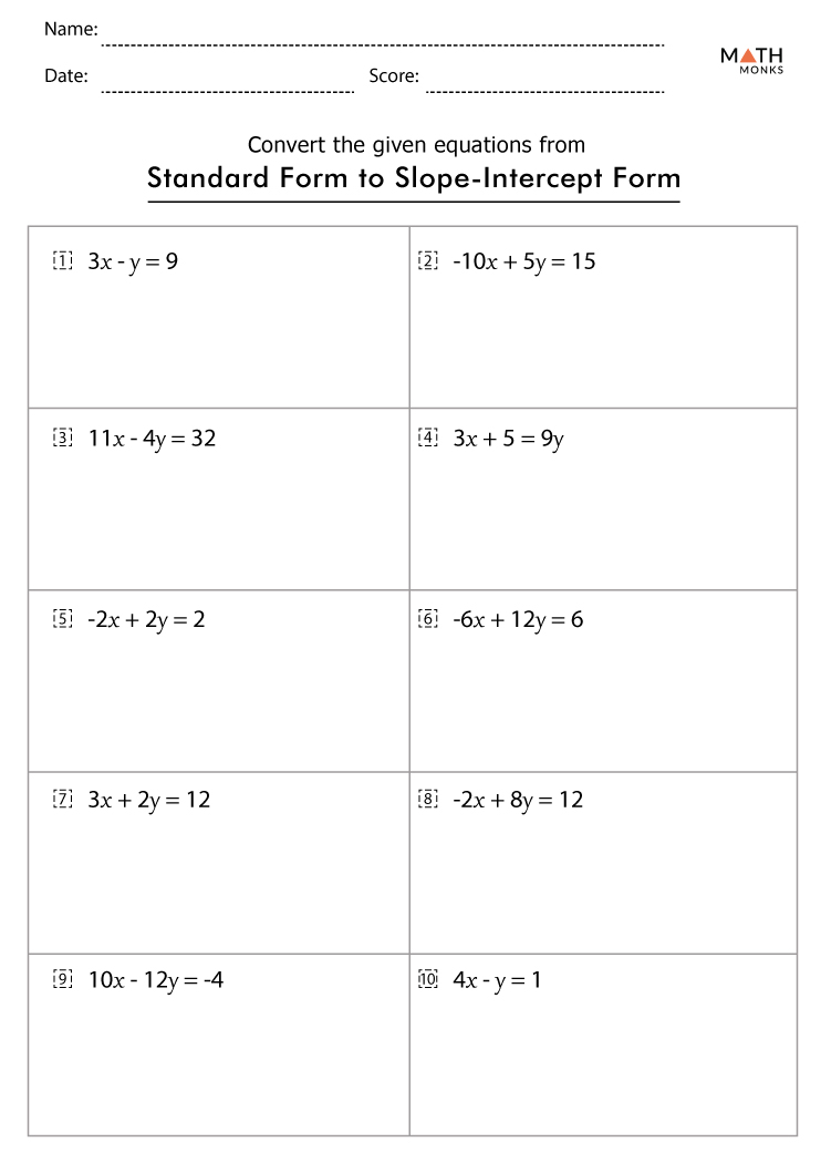 Slope Intercept Form Worksheets with Answer Key