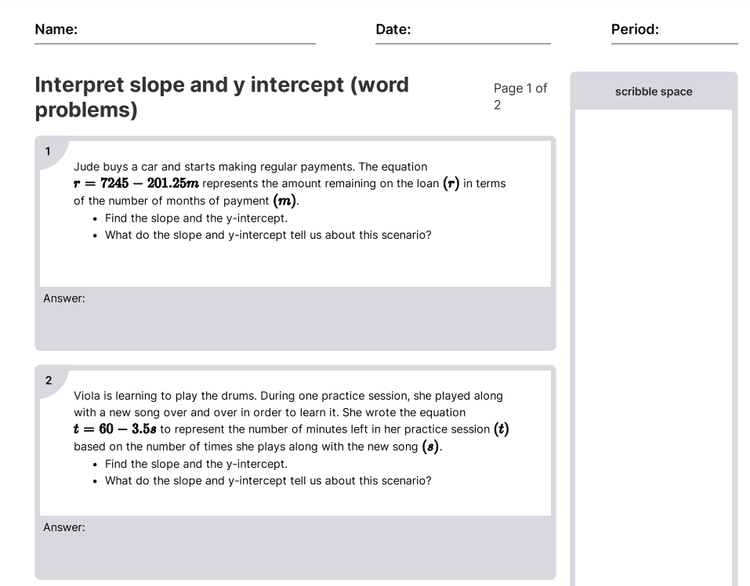slope and y intercept worksheet with answer key