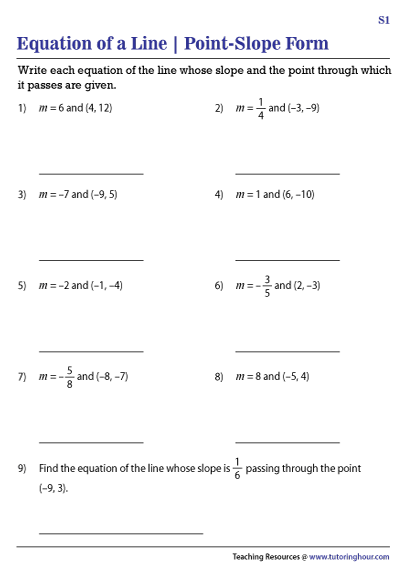 Point-Slope Equation of a Line Worksheets