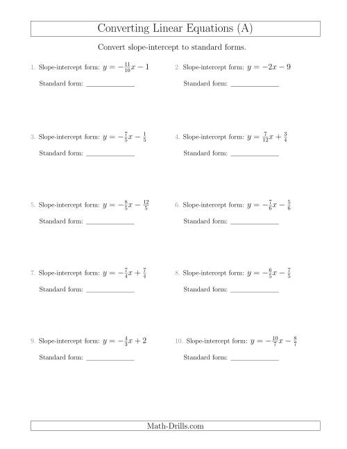 slope intercept form to standard form worksheet