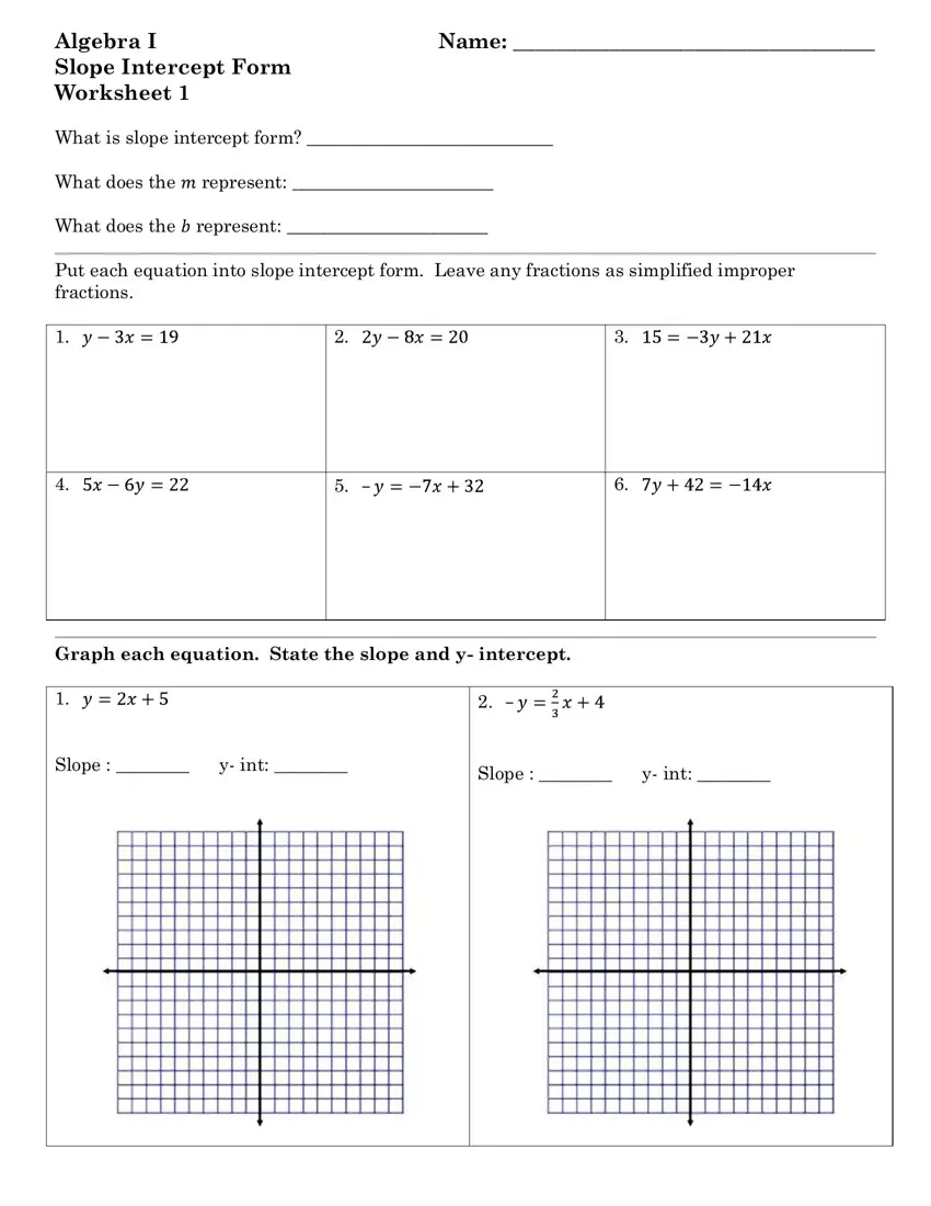 slope intercept worksheet