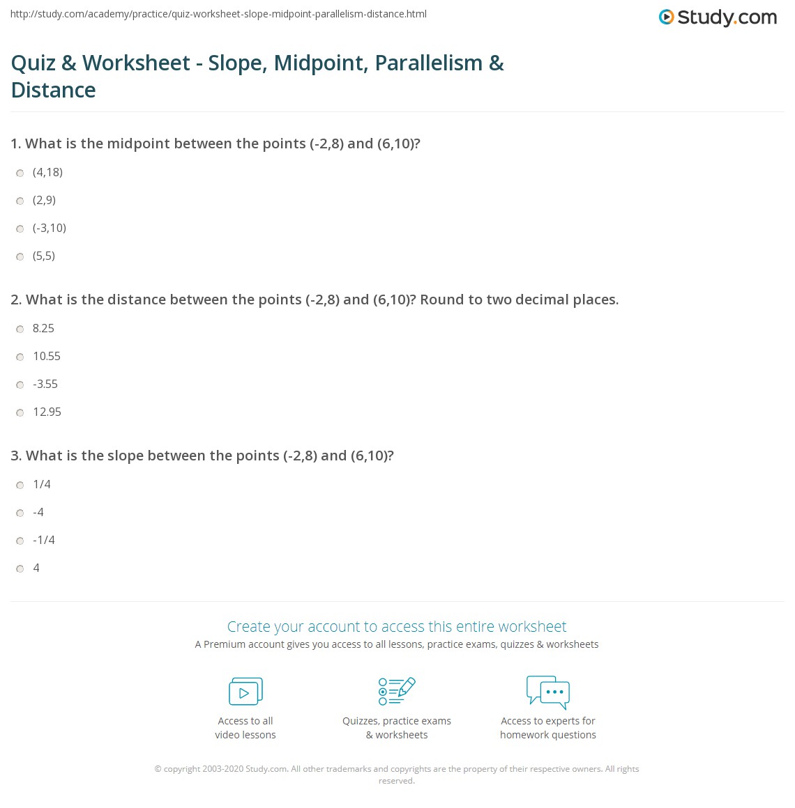 Quiz &  Worksheet - Slope, Midpoint, Parallelism &  Distance | Study.com
