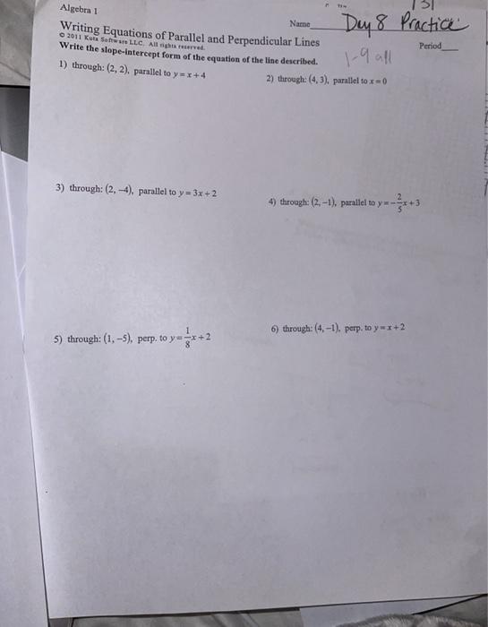 Solved Algebra 1 Name Writing Equations of Parallel and | Chegg.com