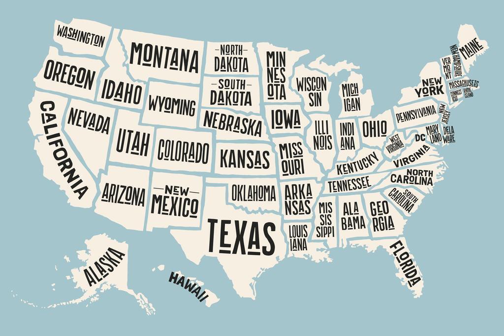USA United States Map States With Text Names Decorative Art Print ...