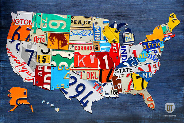 License Plate Map of The United States - Small on Blue Art Print ...