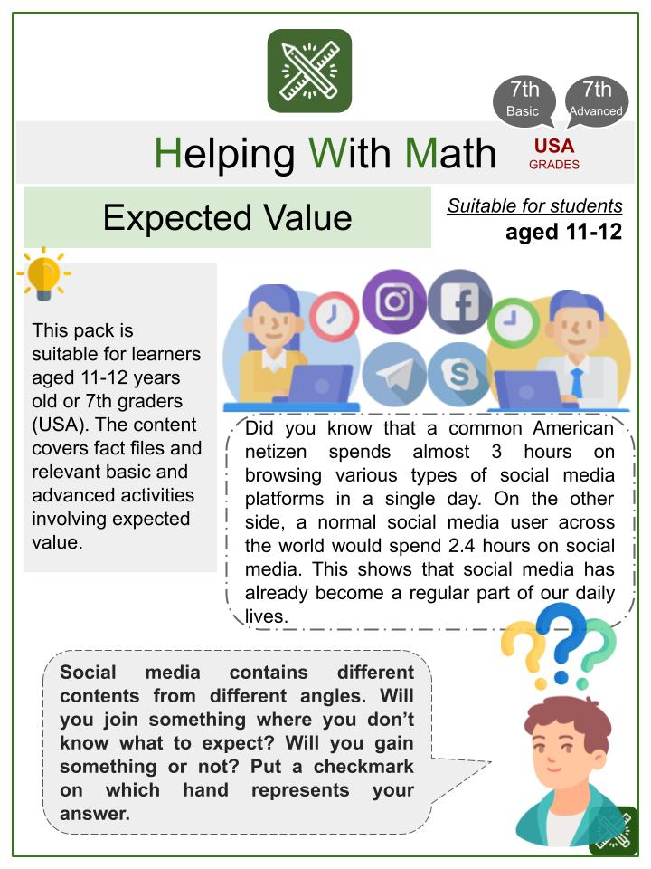 Expected Value Social Media Math Worksheets | Age 11-12 Years