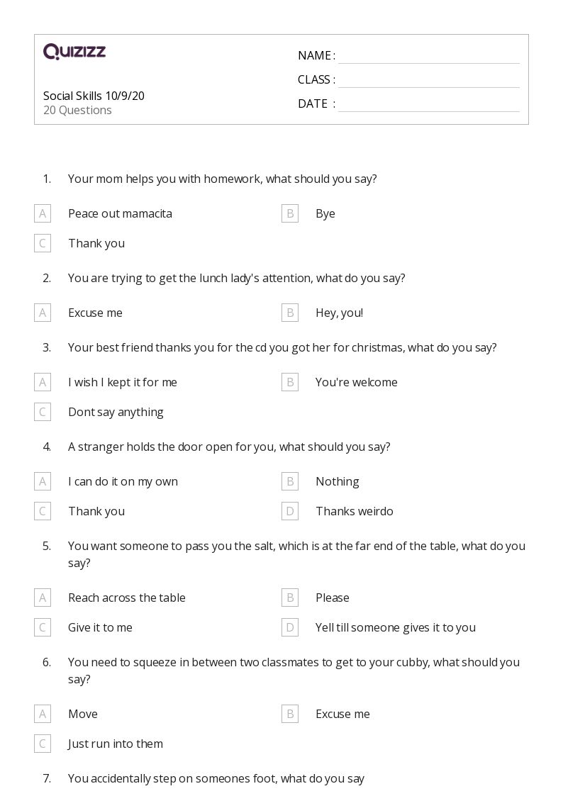 social skills worksheet for 2nd grade