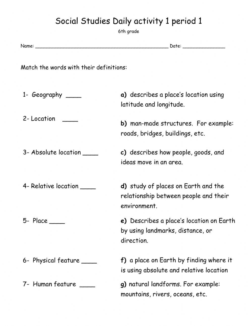 social studies 6th grade worksheet