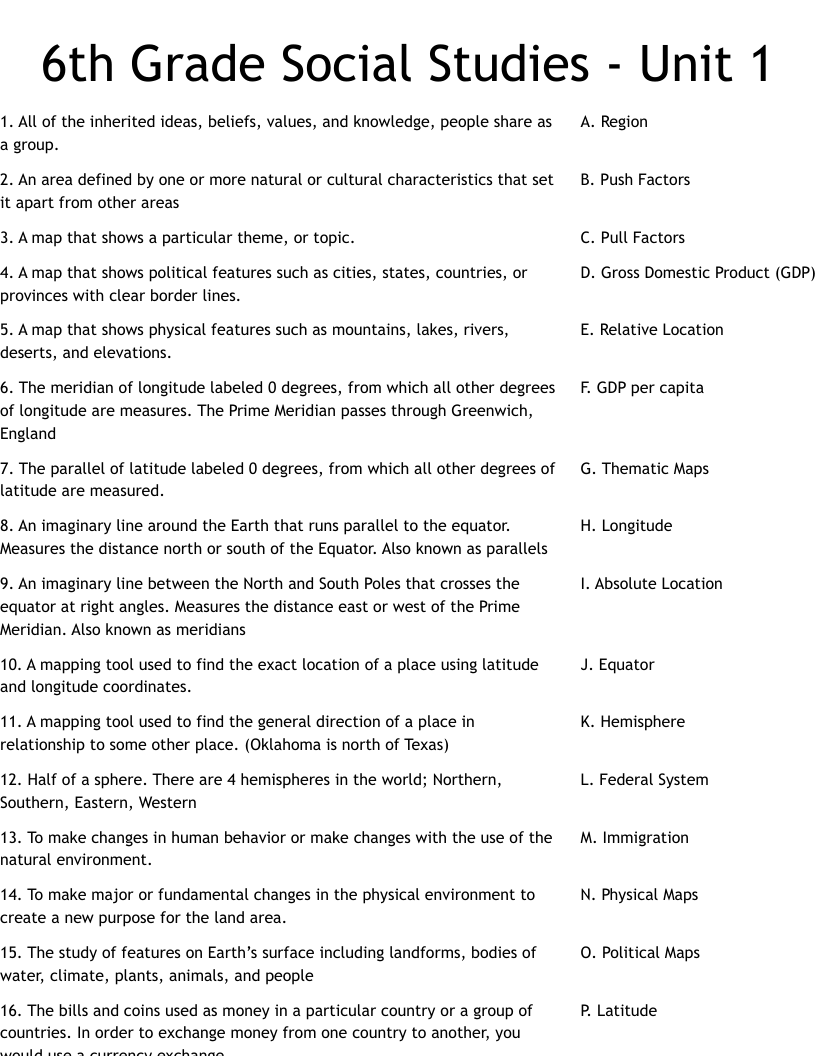 6th Grade Social Studies - Unit 1 Worksheet - WordMint