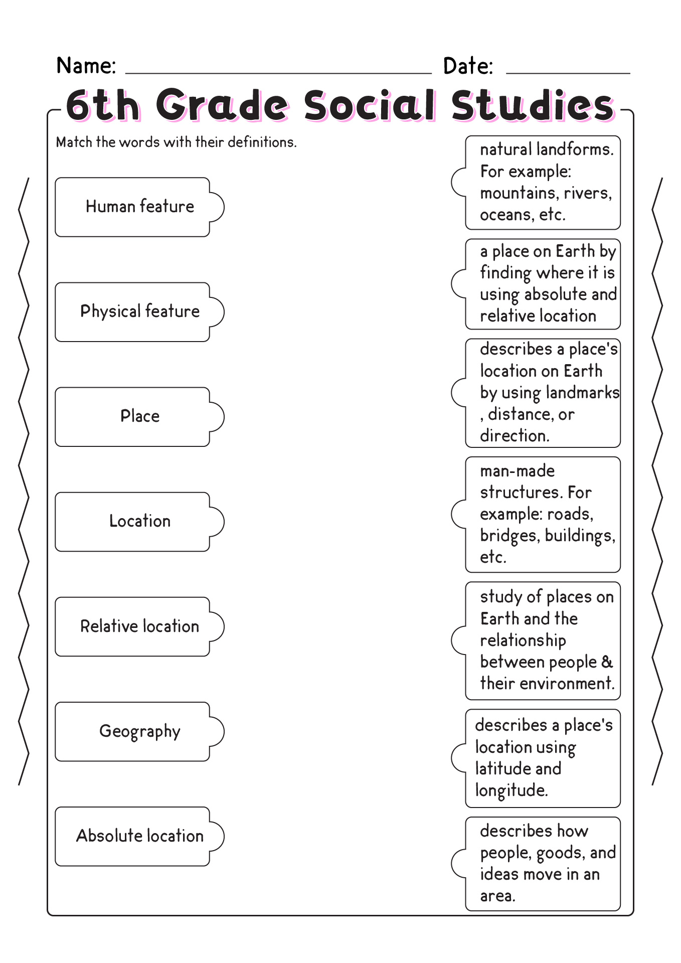 social studies worksheet 6th graders