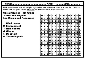 4th Grade Social Studies, Word Search Worksheets, US Social Studies Sub  Plans