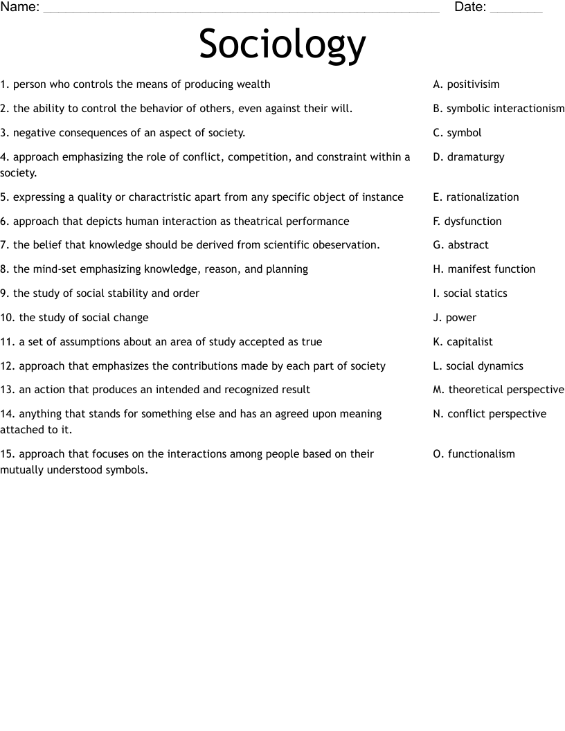 Sociology Worksheet - WordMint