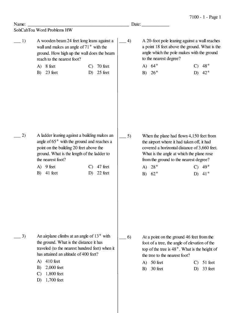 Sohcahtoa word problems worksheet with answers pdf: Fill out ...