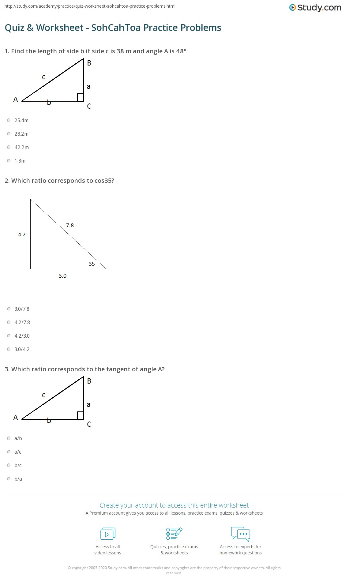Quiz &  Worksheet - SohCahToa Practice Problems | Study.com