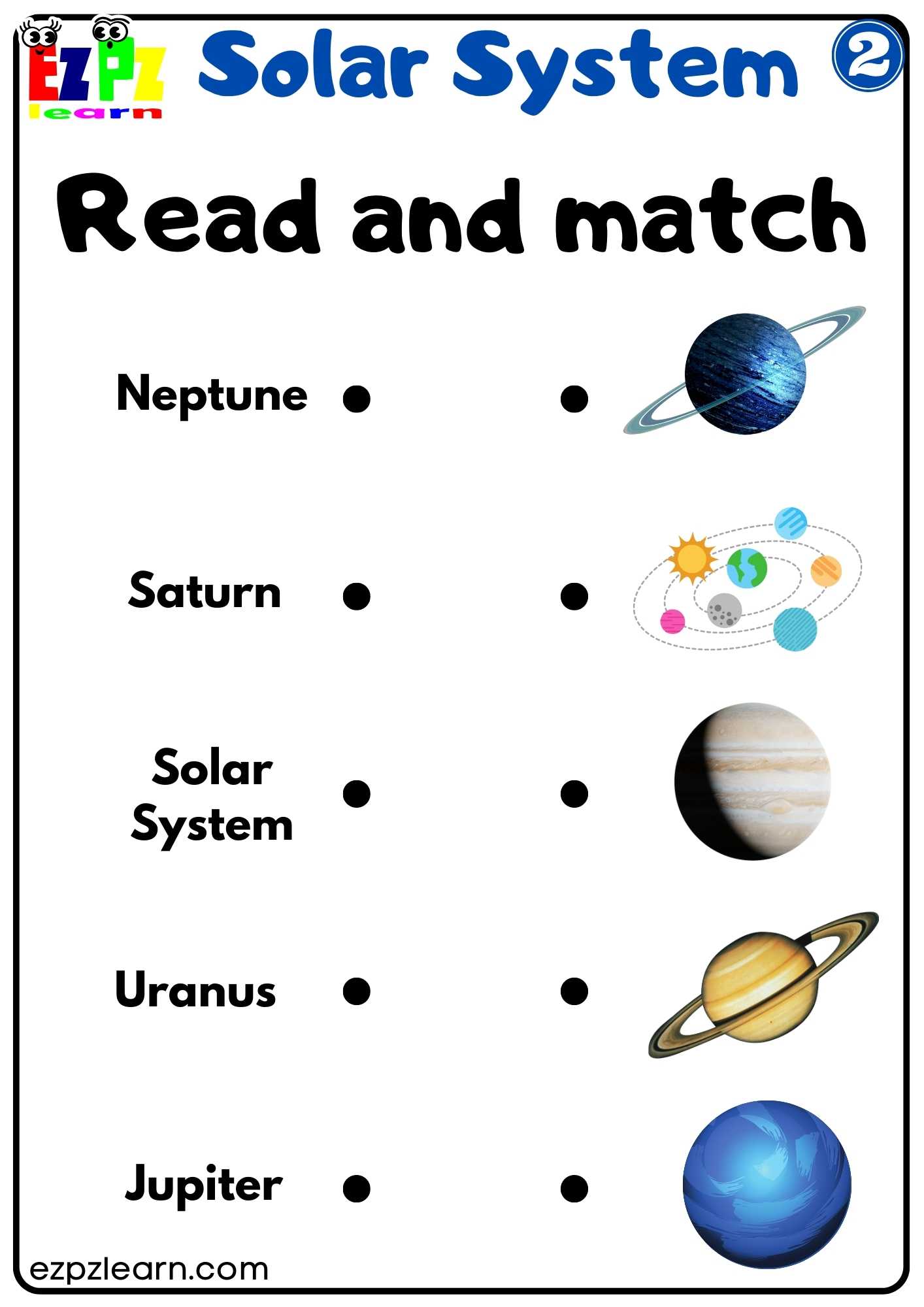 Solar System Read and Match Worksheet 2 For Kids - Ezpzlearn.com