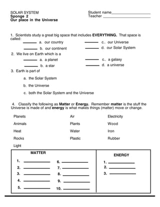 Solar system (worksheet 2) | PDF
