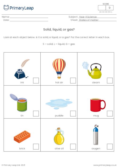 Science: Identify solids, liquids, and gases | Worksheet ...