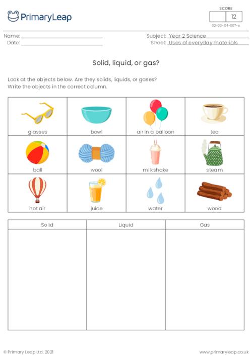 Science: Solid, liquid, or gas? | Worksheet | PrimaryLeap.co.uk