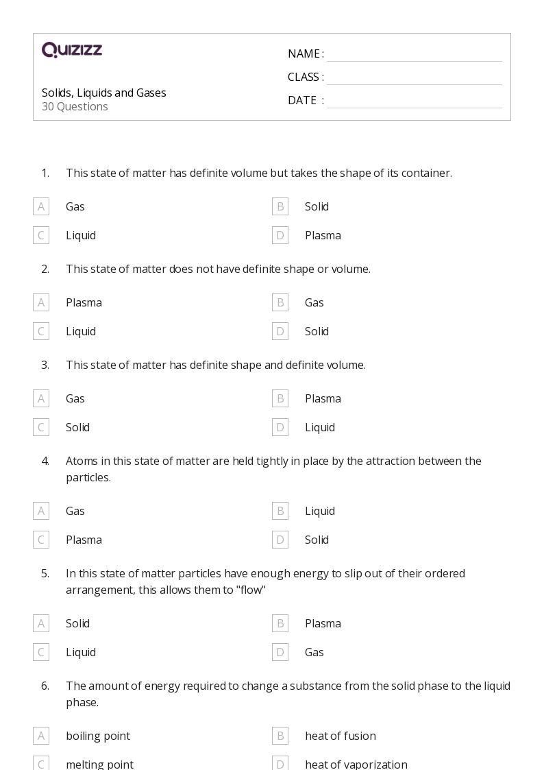 solids liquids and gas worksheet
