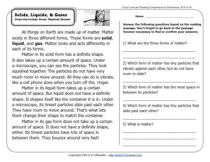 Solids, Liquids, &  Gases | 2nd Grade Reading Comprehension Worksheets