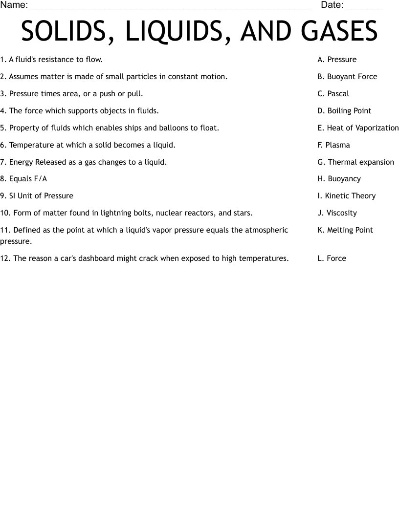 SOLIDS, LIQUIDS, AND GASES Worksheet WordMint Worksheets Library