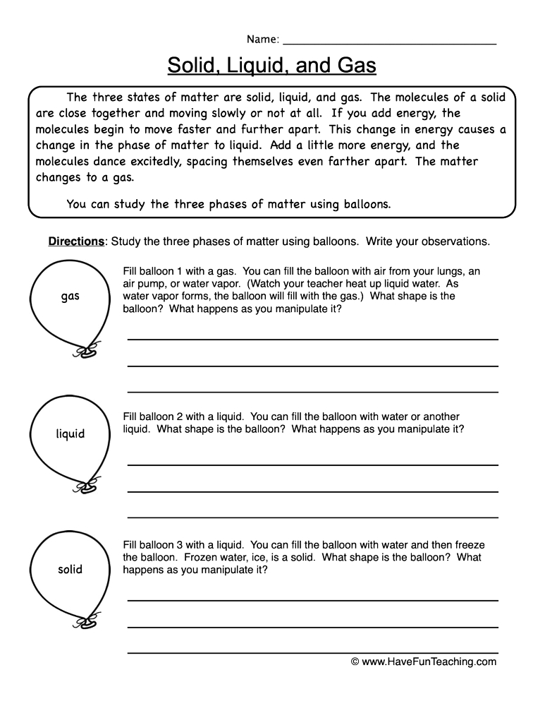 Solid Liquid Gas Explanation Worksheet  