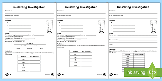 Dissolving Investigation Worksheet (teacher made) - Twinkl
